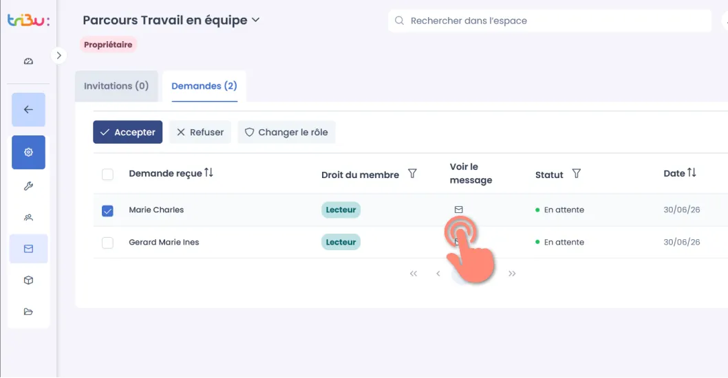 consultation du message de la demande.
