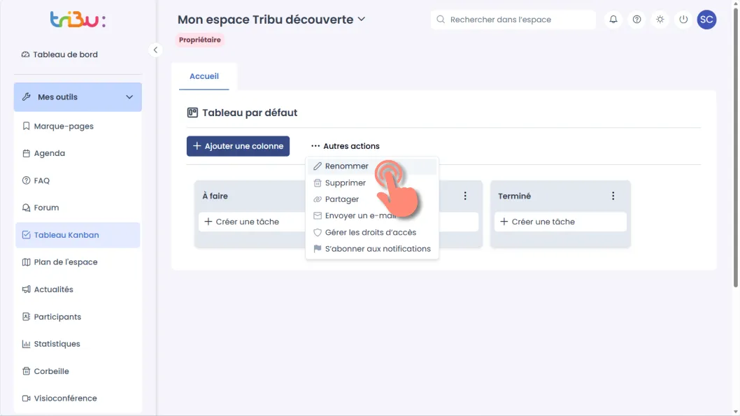 accéder à renommer un tableau kanban