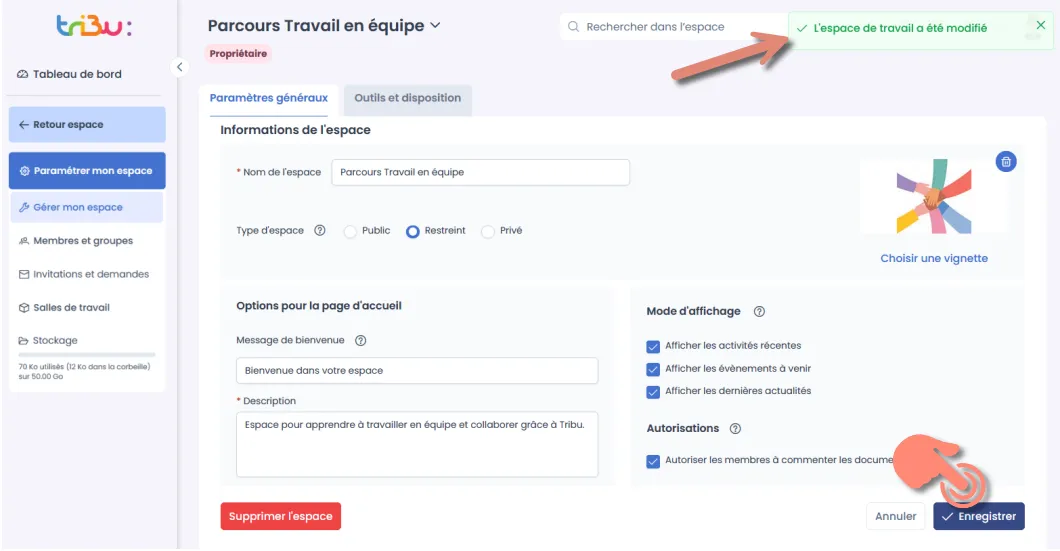 confirmation de l’enregistrement.