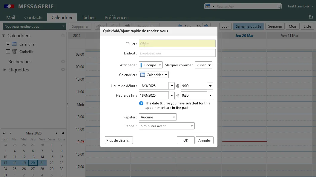 Fenêtre de quick add - calendrier