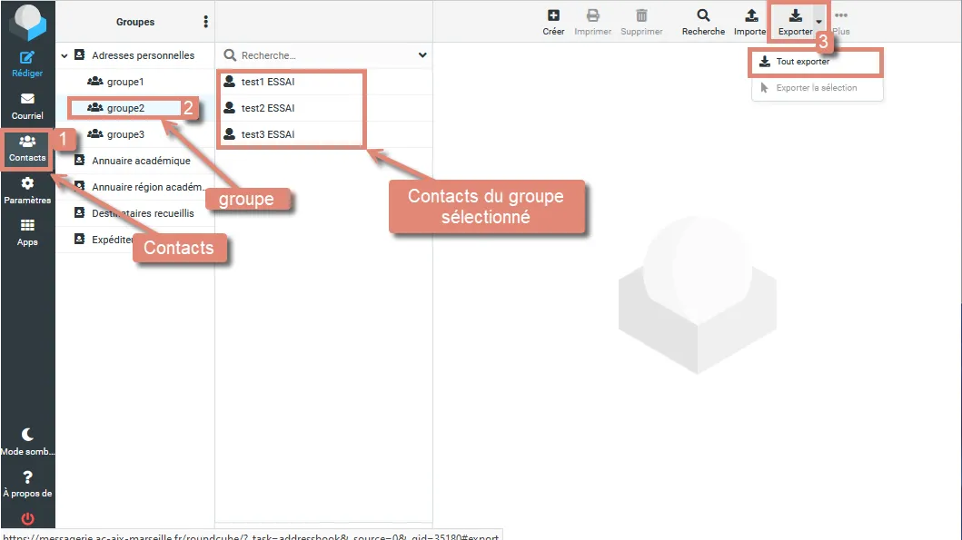 Exporter un groupe de contacts depuis Rouncube