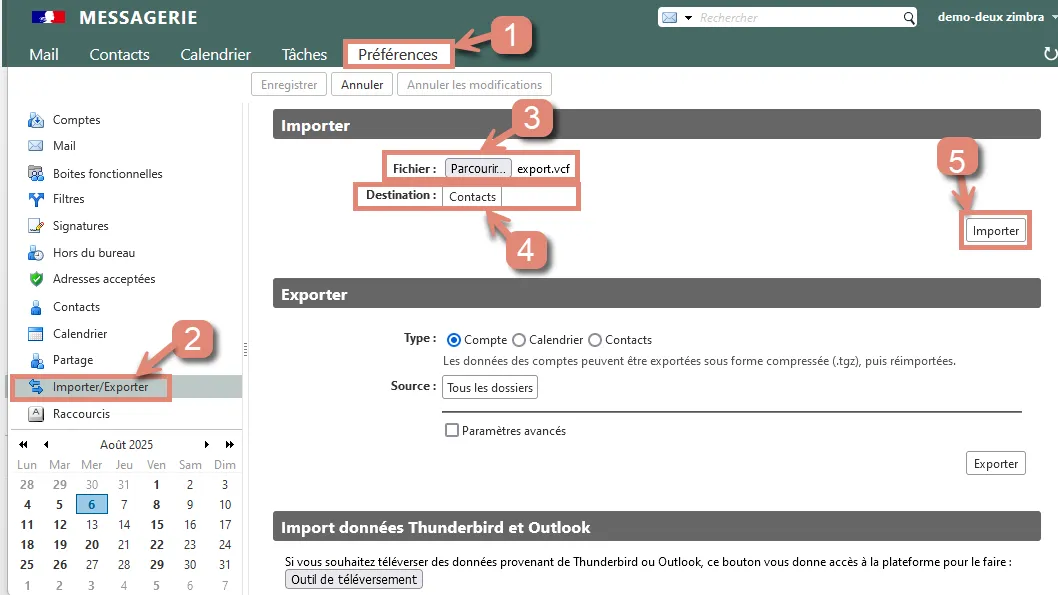Import de contacts dans Zimbra 