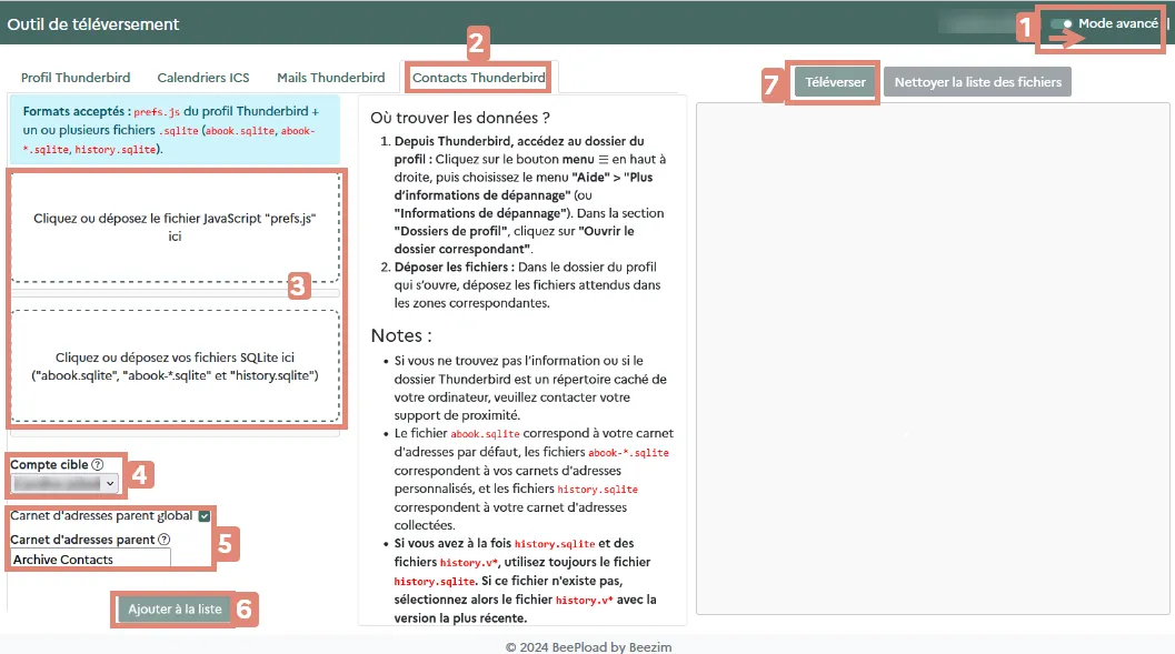 Téléverser les dossiers de contacts Thunderbird