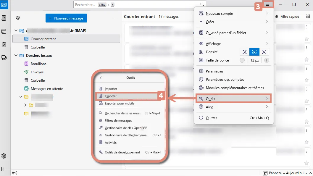 Menu d&rsquo;export de Thunderbird