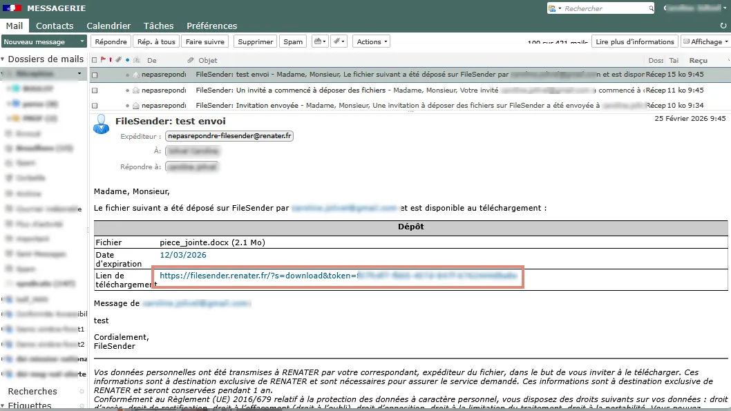 Mail reçu lorsque des fichiers sont déposer sur FileSender