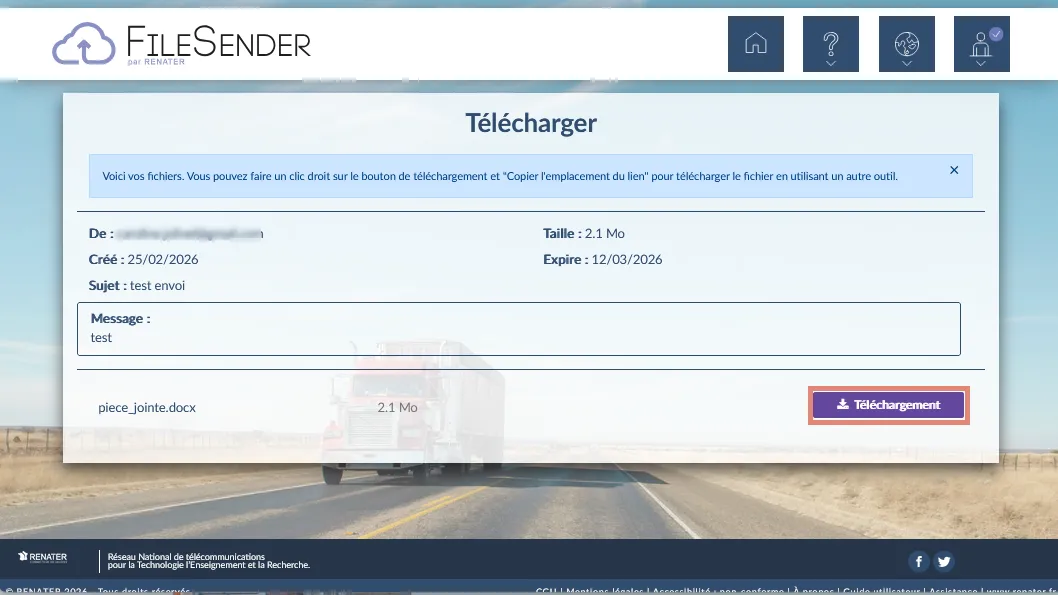 telechargement via lien FileSender