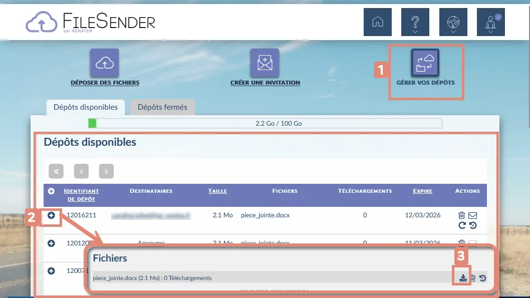 telechargement via vos dépots FileSender