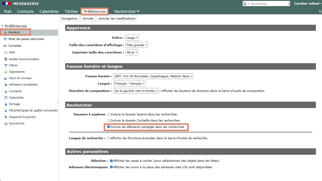 case dans Preferences pour la recherche