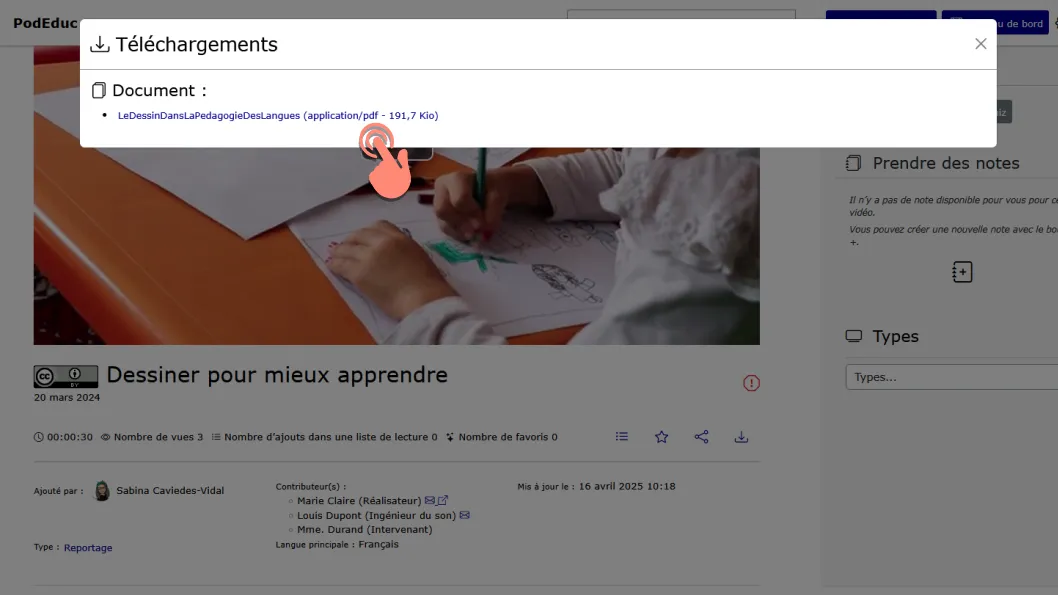 la fênetre modale des téléchargements et lien pour télécharger le document.