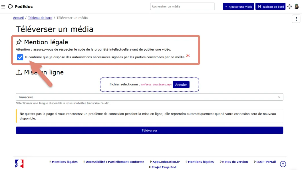 cocher la case du respect du code de la propriété intellectuelle.