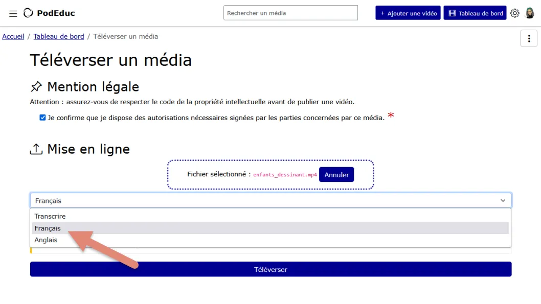 sélectionner la langue pour transcrire.