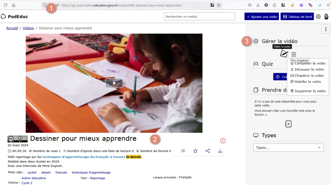 informations affichées dans la page de la vidéo.