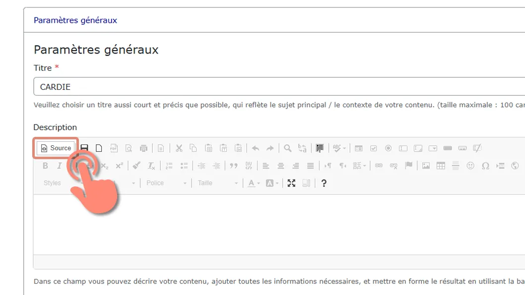 bouton pour afficher du code source HTML dans le champ de description.