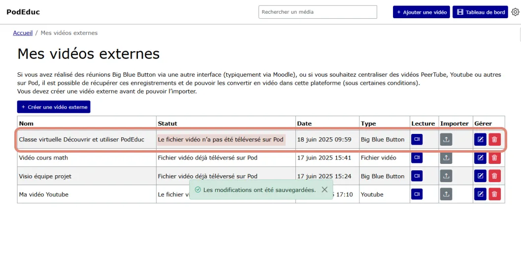 notification de sauvegarde de la vidéo externe.