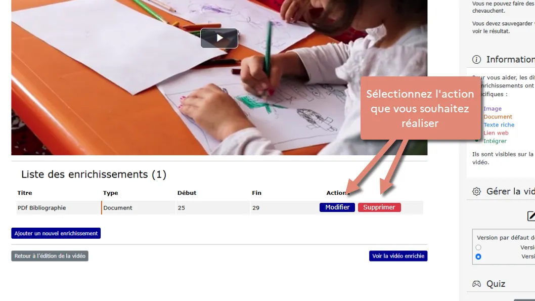 boutons modifier et supprimer dans le tableau liste des enrichissements.