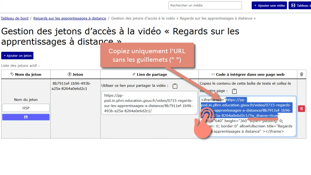 copier l&rsquo;URL dans le code d&rsquo;intégration html.