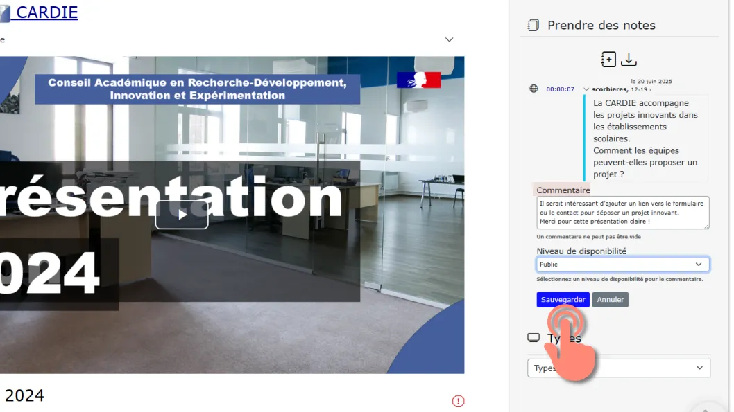 zone de saisie d’un commentaire et options de disponibilité.