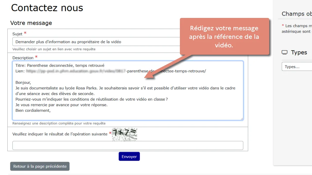 zone de saisie du message dans le champ Description avec la référence de la vidéo.