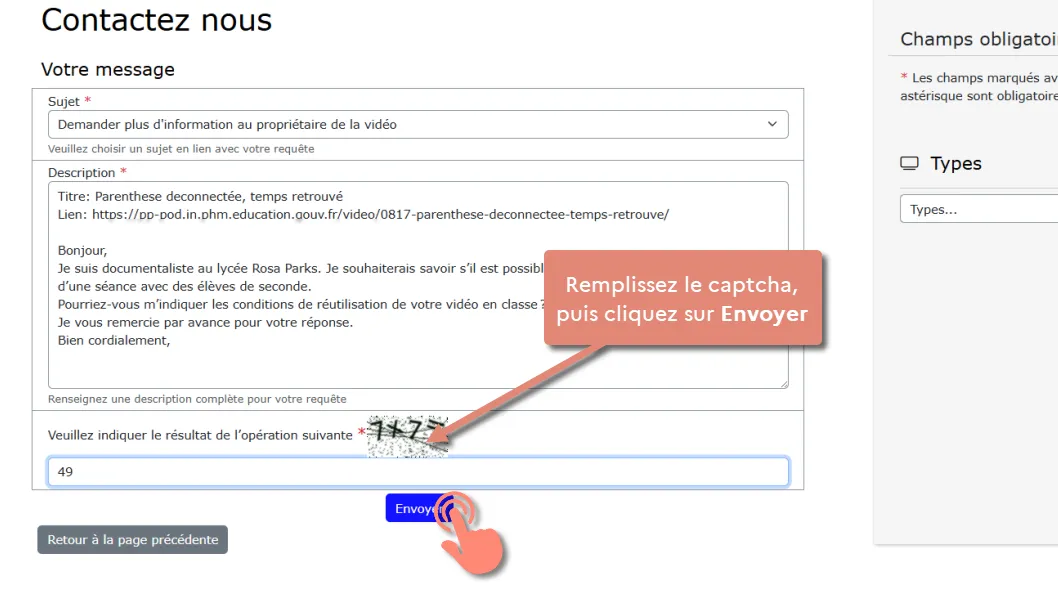 bouton Envoyer et champ de captcha à remplir.