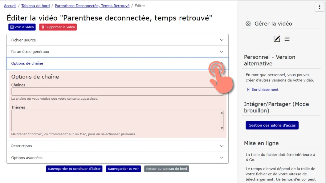 déplier la section Options de chaine dans le formulaire d&rsquo;édition.
