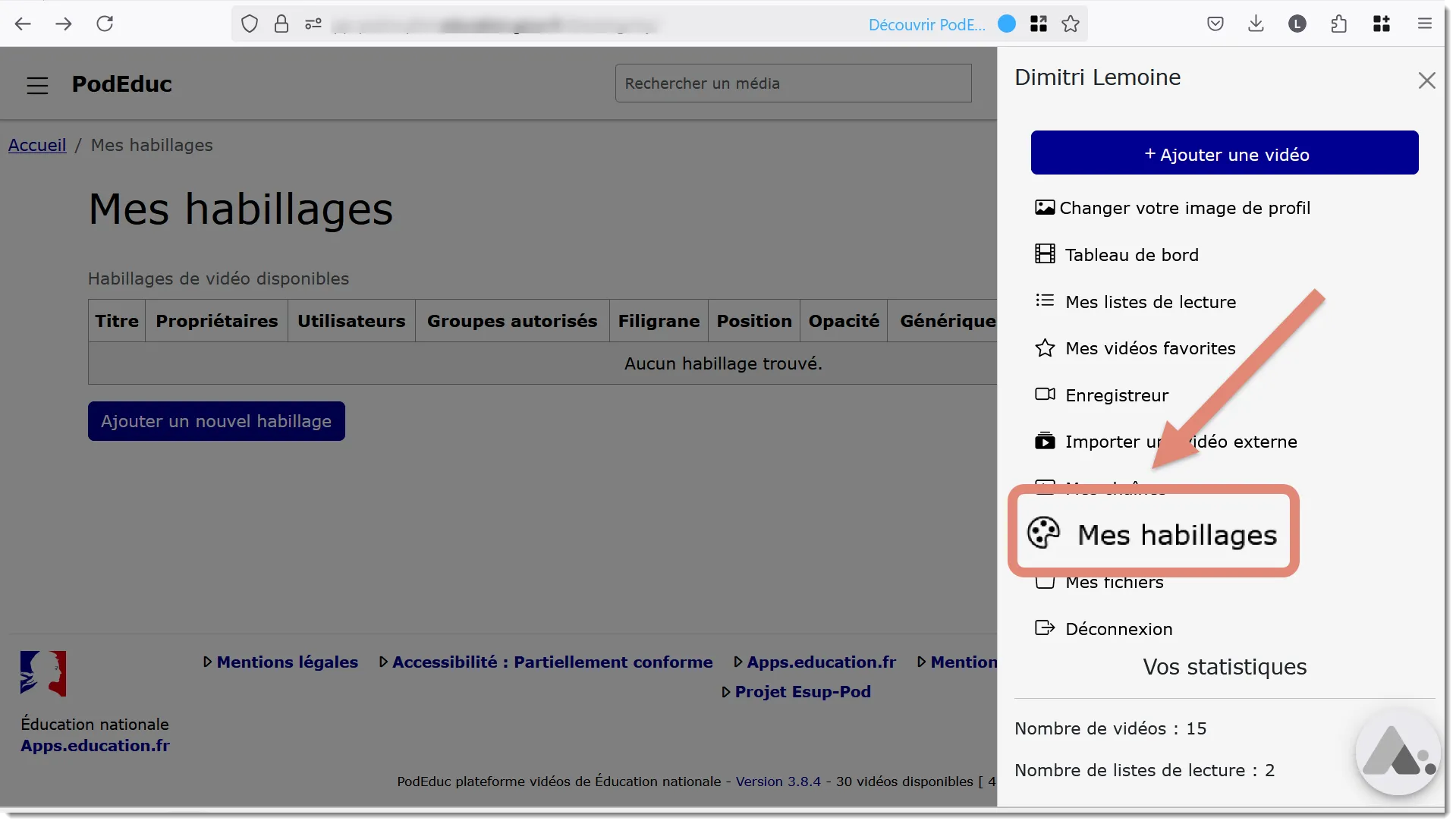 menu utilisateur.
