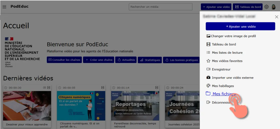 menu utilisateur avec l’option Mes fichiers.