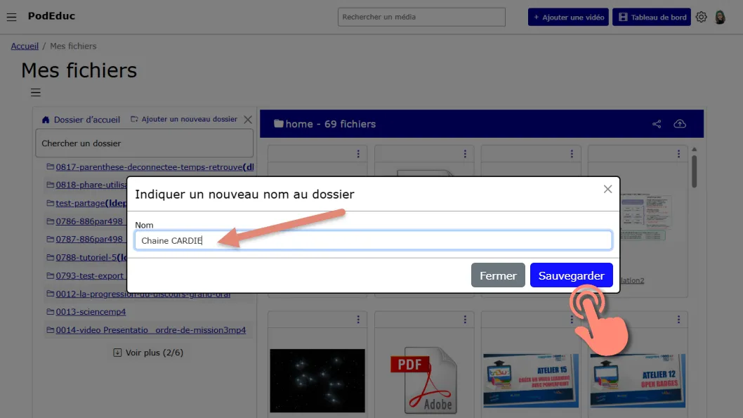 fenêtre de création d’un dossier avec champ de saisie du nom et bouton &ldquo;Sauvegarder&rdquo;.