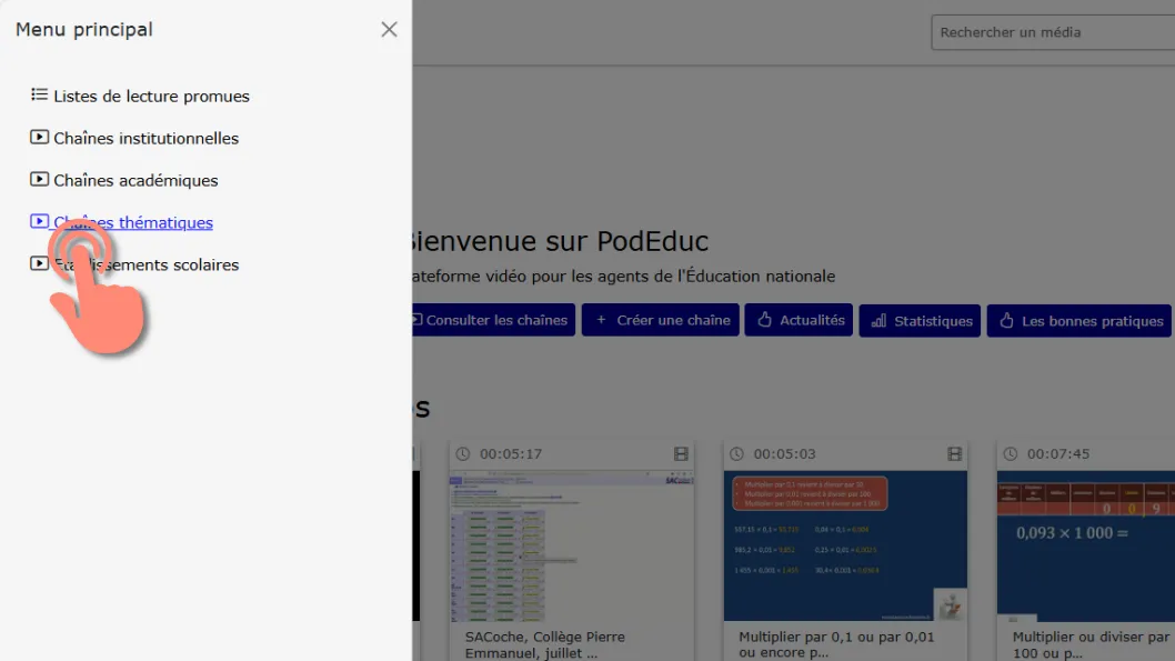 option chaînes thématiques dans le menu.