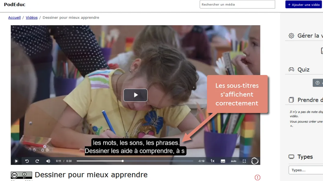 les sous-titres s&rsquo;affichent dans la vidéo.