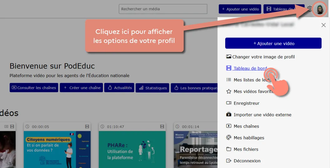 accès au tableau de bord par menu profil.