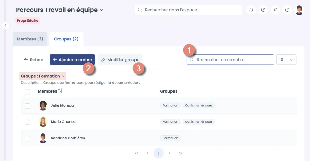 page de gestion des membres du groupe.