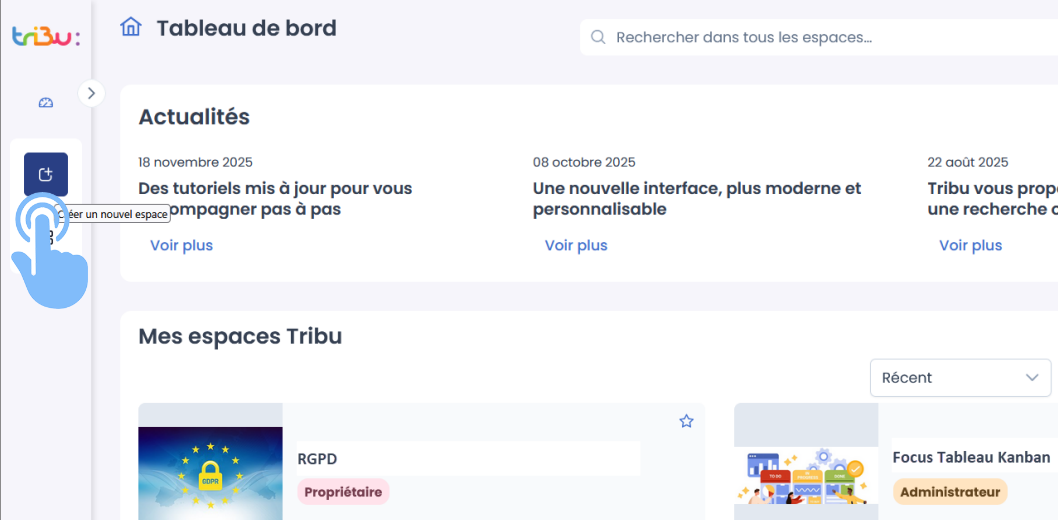 bouton créer un nouvel espace dans menu latéral replié