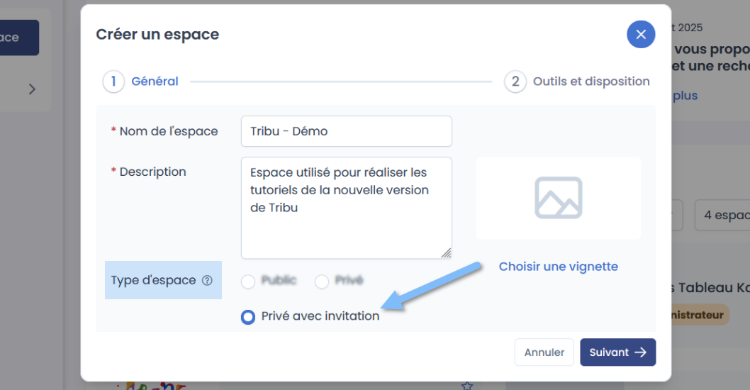 type d’espace, choix privé avec invitation