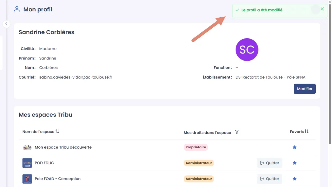 notification le profil a été modifié