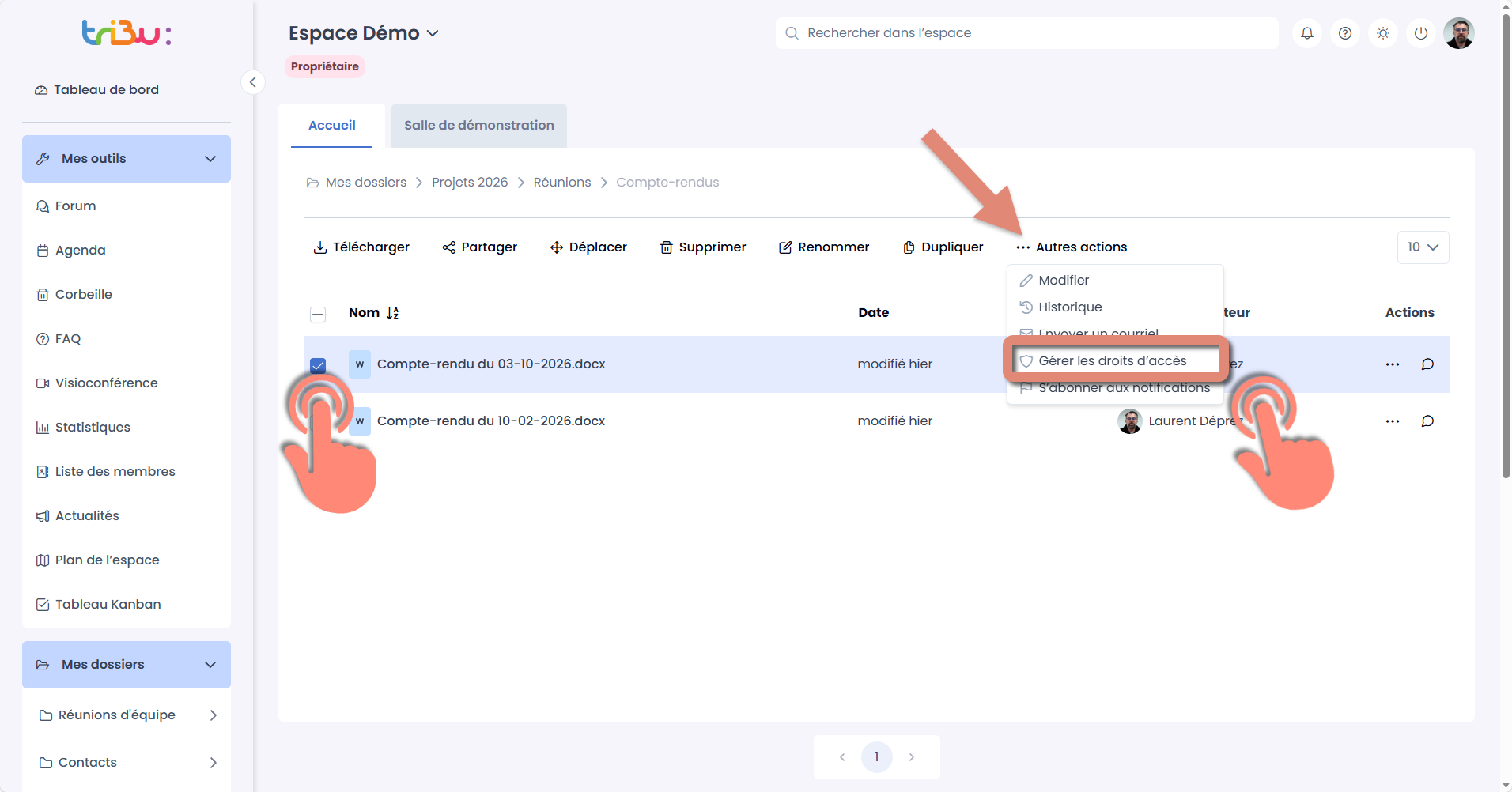 sélection du document et menu autres actions