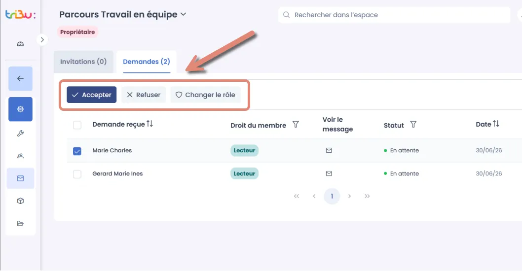 boutons Accepter, Refuser et Changer le rôle.