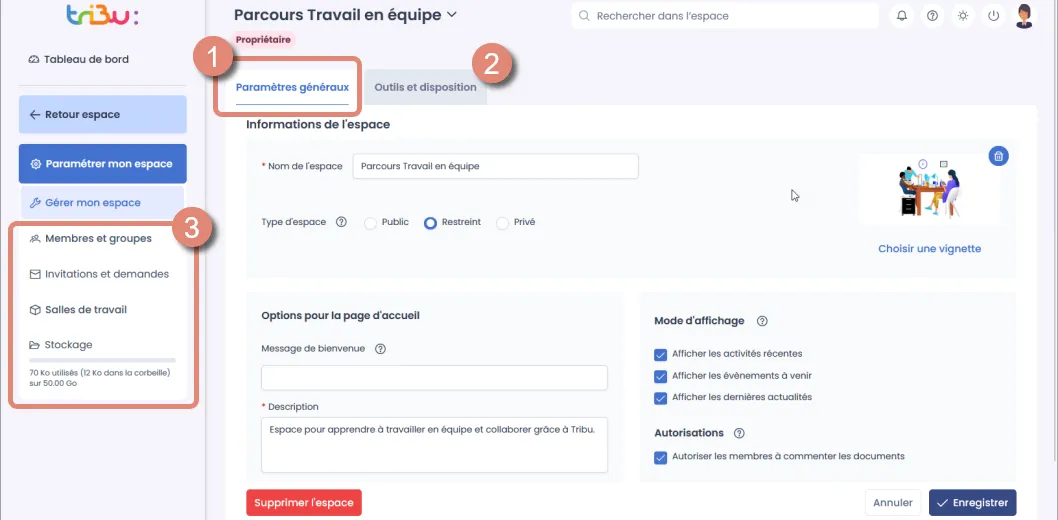interface &ldquo;gérer mon espace&rdquo;.