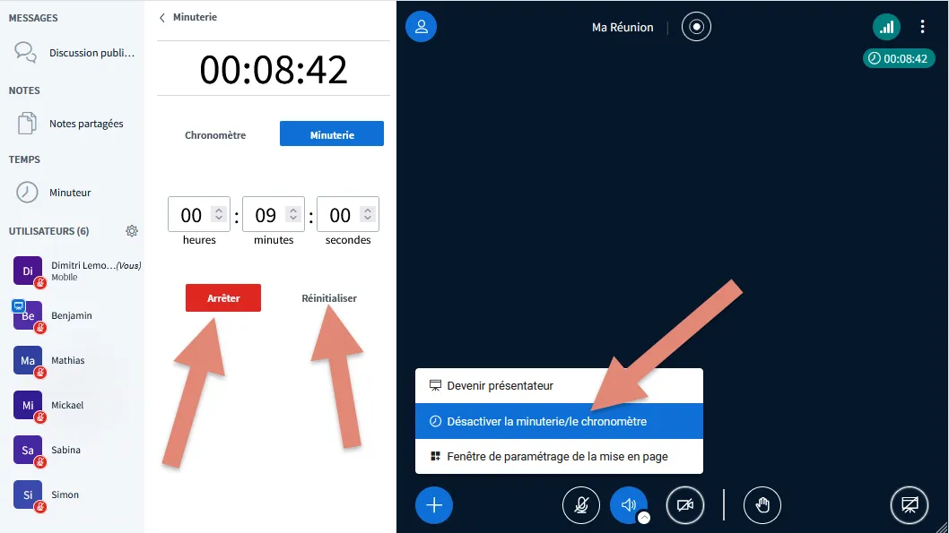 boutons permettant d’arrêter, de réinitialiser ou de désactiver la minuterie.