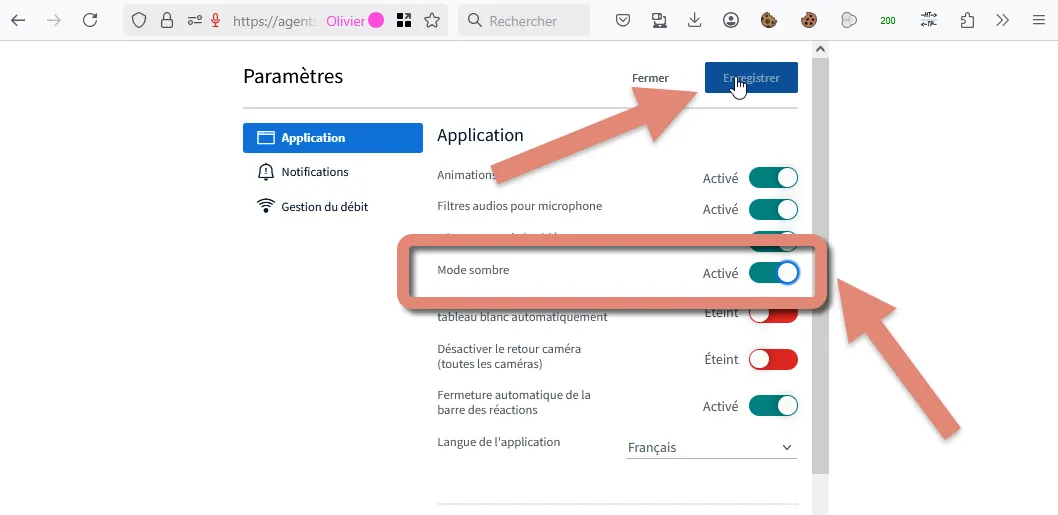 séléctonner mode sombre, cliquer sur bouton &ldquo;Enregistrer&rdquo;.