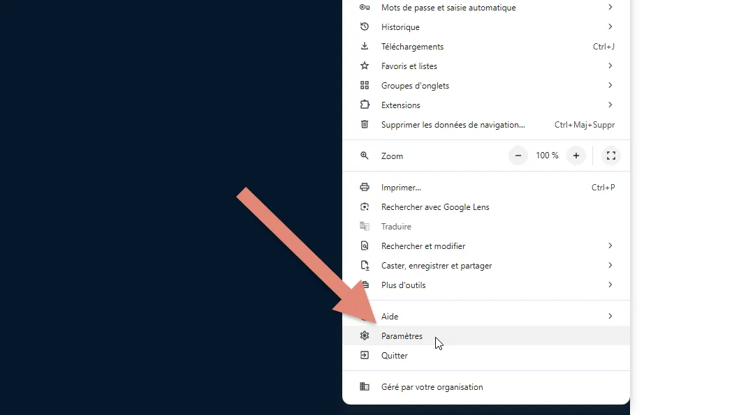 option &ldquo;paramètres&rdquo;.