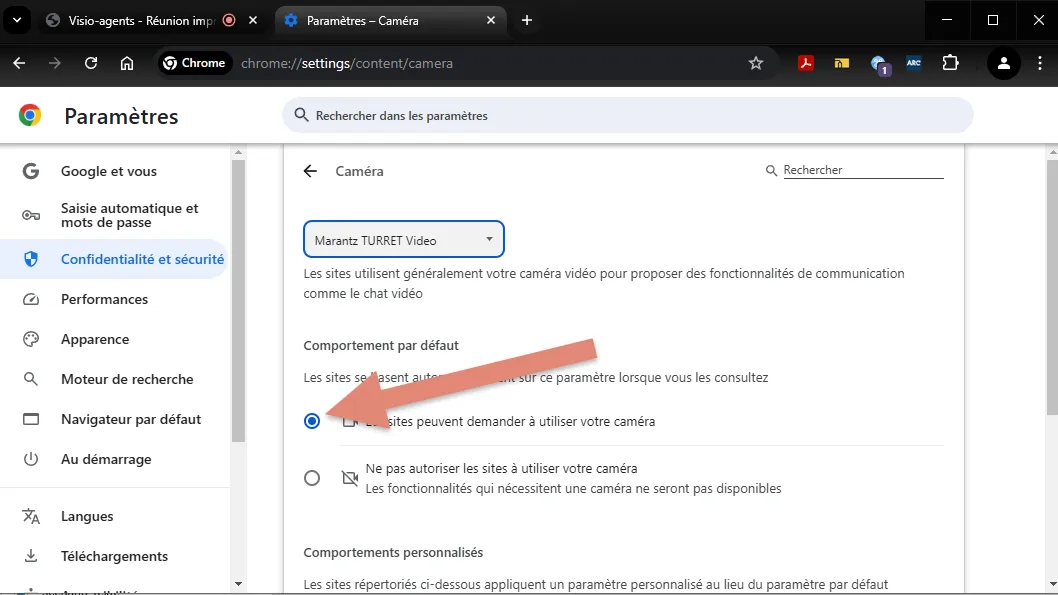 option &ldquo;Les sites peuvent demander à utiliser votre caméra&rdquo;.