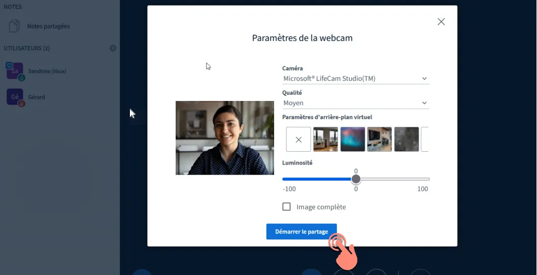 fenêtre de configuration et bouton Démarrer le partage.