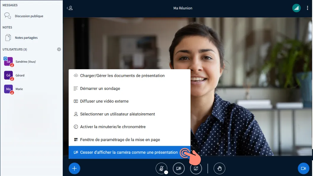 bouton + Actions, option Cesser d’afficher la caméra comme une présentation.