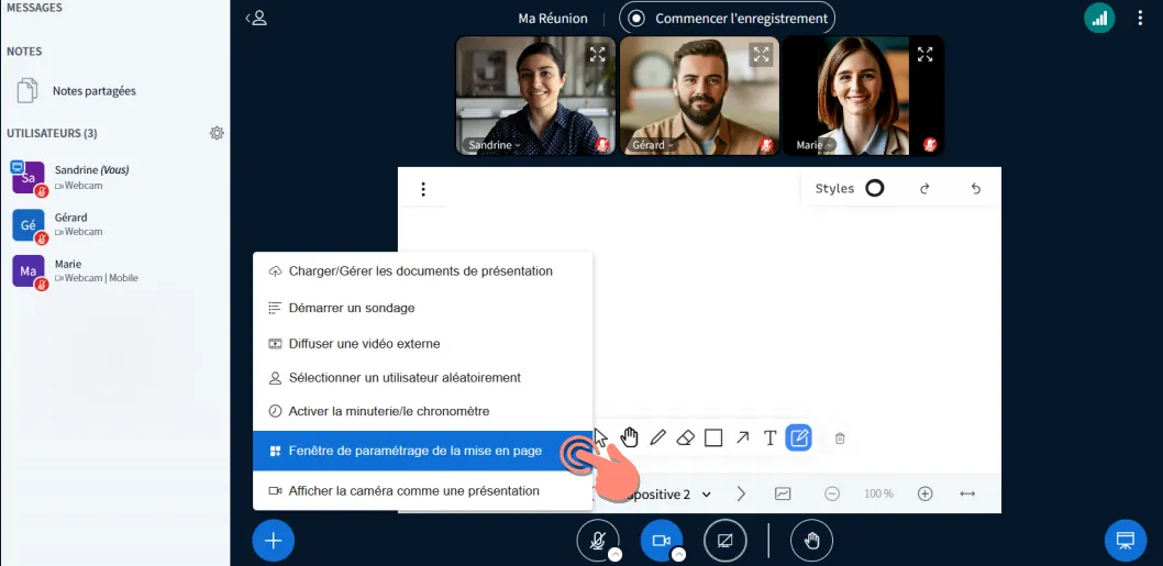bouton &ldquo;+&rdquo; Actions et option &ldquo;Fenêtre de paramétrage de la mise en page&rdquo;.
