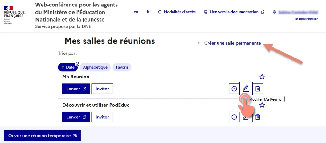 accès à la modification de la salle.