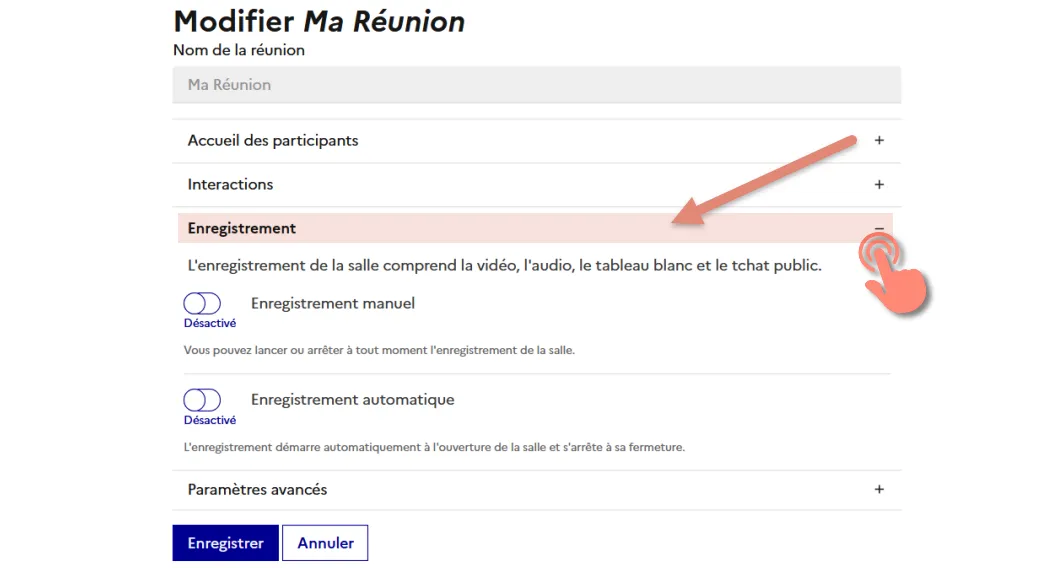 afficher le soptions d&rsquo;enregistrement.
