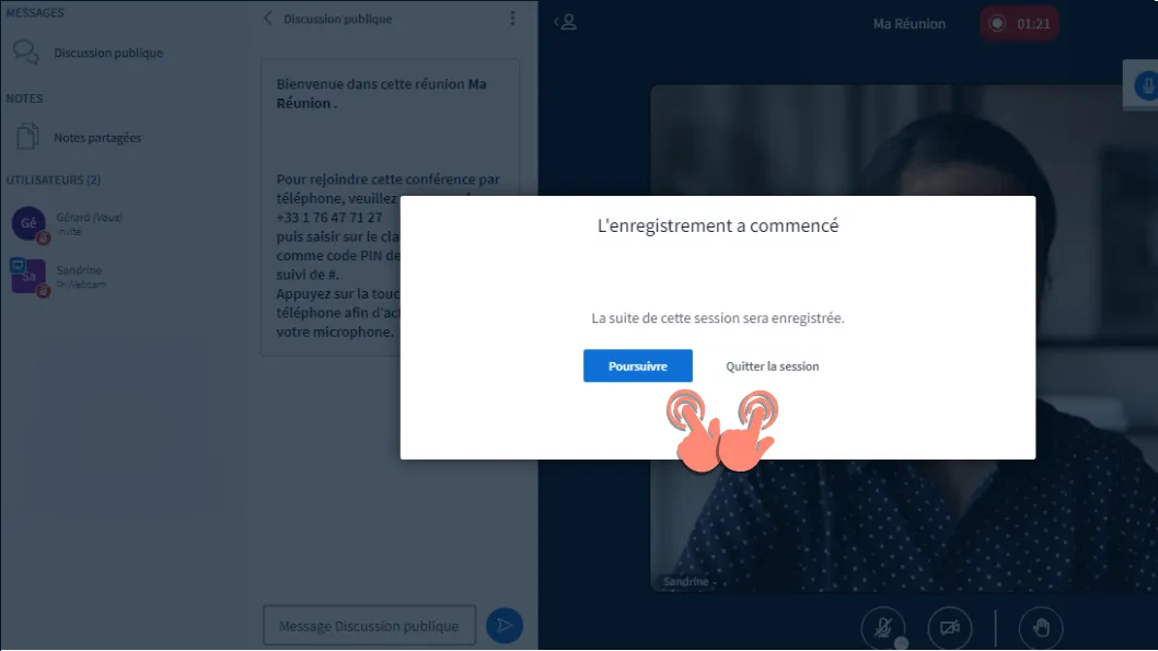 message d&rsquo;alerte sur l&rsquo;enregistrement de la session.