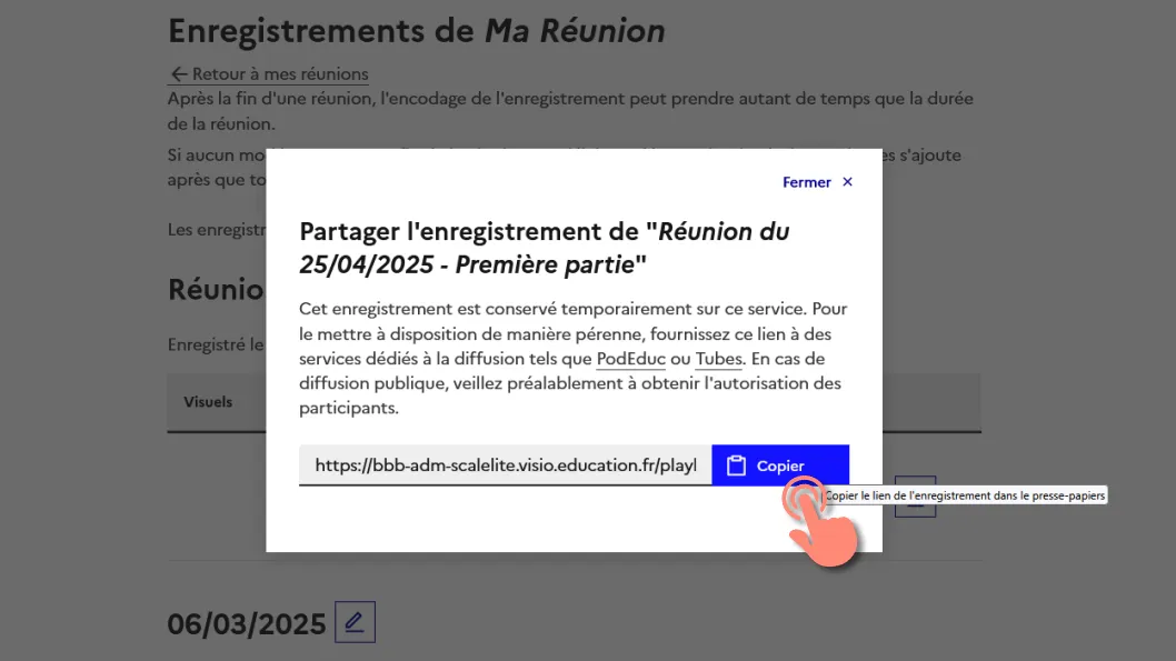 fenetre pour copier le lien du fichier mp4 de l&rsquo;enregistrement.