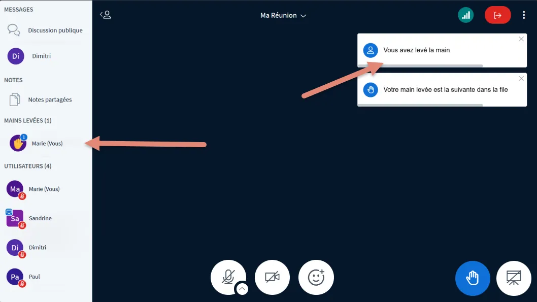 notification indiquant qu&rsquo;un participant sollicite la parole.