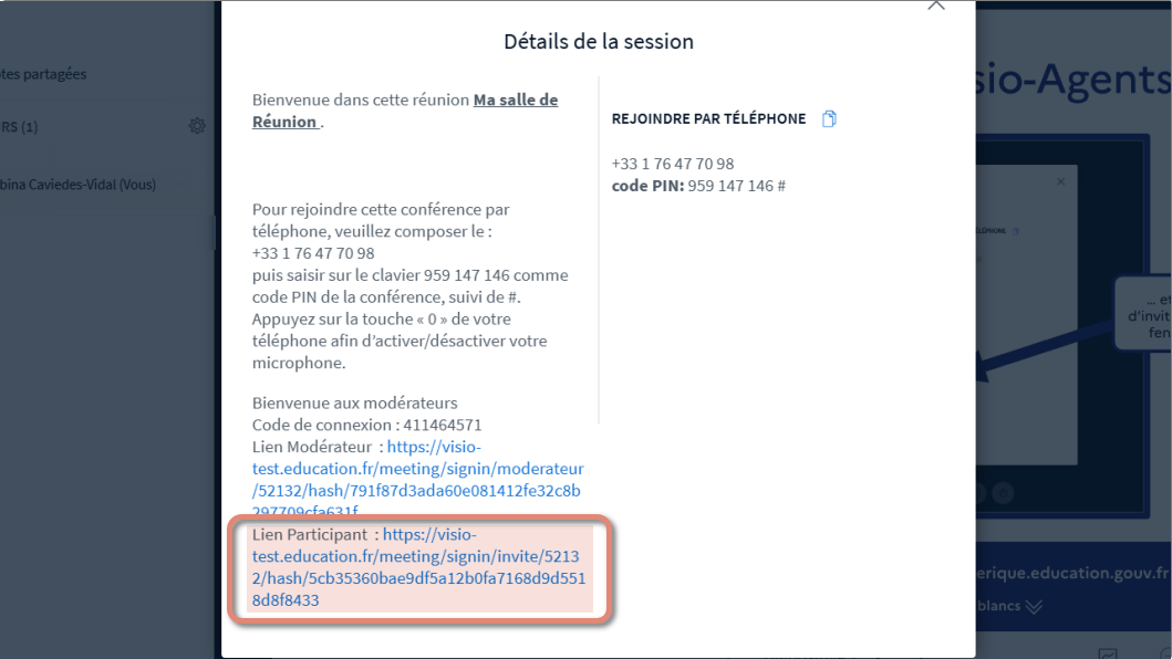 fenêtre affichant les détails de la session.